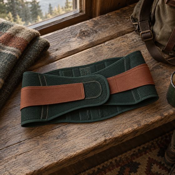 Summit Back Support with a clay-colored strap on a weathered wooden cabin bench