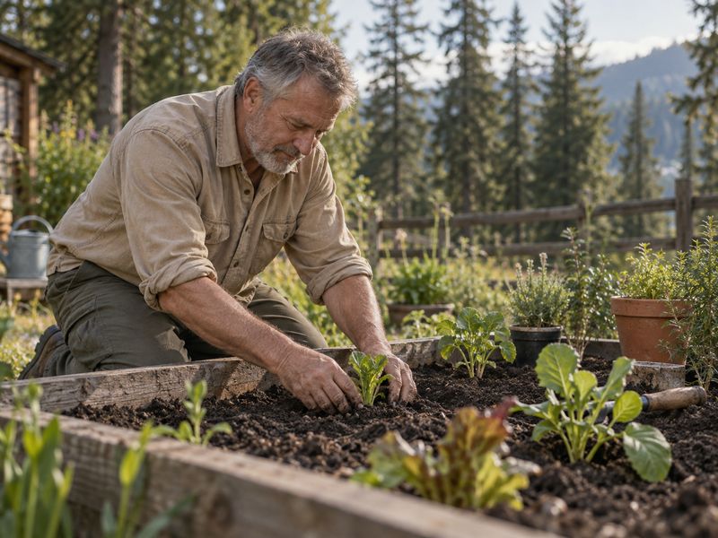 A man in his sixties planting seedlings in a raised garden bed, evergreen forest behind him