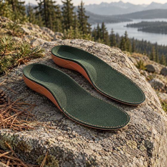 Trailhead Insoles in forest green with clay heel cups, resting on a granite boulder above a lake
