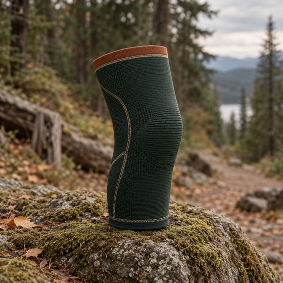 Ridge Knee Sleeve standing on a mossy rock beside a forest trail