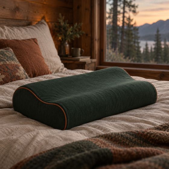 Nightfall Cervical Pillow on linen bedding in a cabin bedroom at dusk